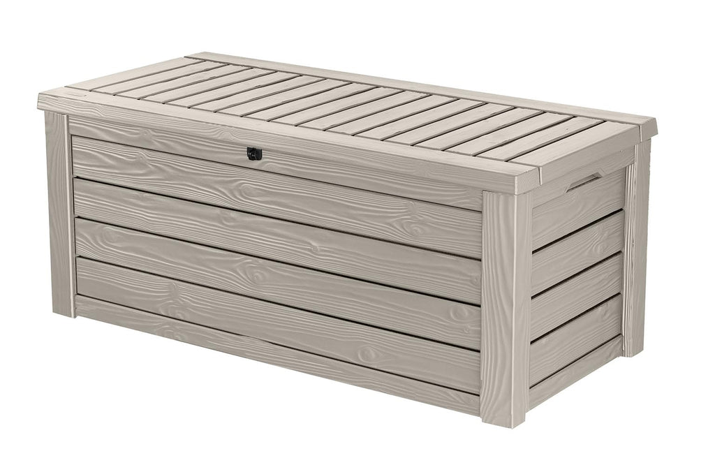 Keter Westwood 150 Gallon Deck Box Organizer, Doubles as 2 - Person Bench Seat, Brown – Large Resin Outdoor Storage and Seating with Lockable Lid for Garden, Pool, and Patio - Outdoor Boys outdoorboys