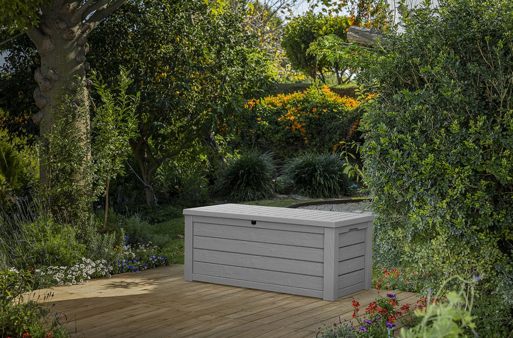 Keter Westwood 150 Gallon Deck Box Organizer, Doubles as 2 - Person Bench Seat, Brown – Large Resin Outdoor Storage and Seating with Lockable Lid for Garden, Pool, and Patio - Outdoor Boys outdoorboys