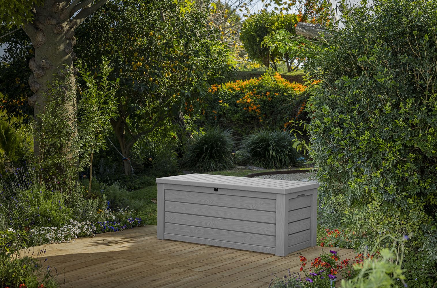 Keter Westwood 150 Gallon Deck Box Organizer, Doubles as 2 - Person Bench Seat, Brown – Large Resin Outdoor Storage and Seating with Lockable Lid for Garden, Pool, and Patio - Outdoor Boys outdoorboys