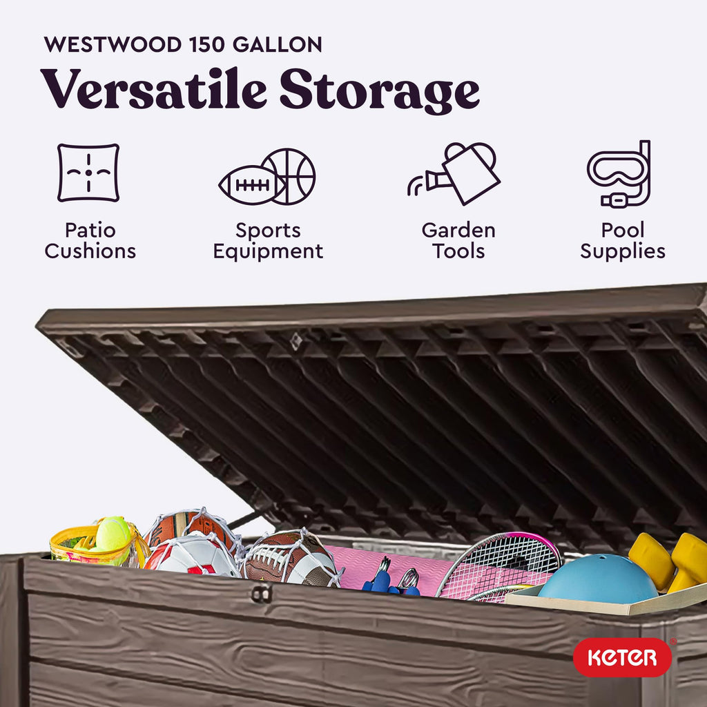 Keter Westwood 150 Gallon Deck Box Organizer, Doubles as 2 - Person Bench Seat, Brown – Large Resin Outdoor Storage and Seating with Lockable Lid for Garden, Pool, and Patio - Outdoor Boys outdoorboys