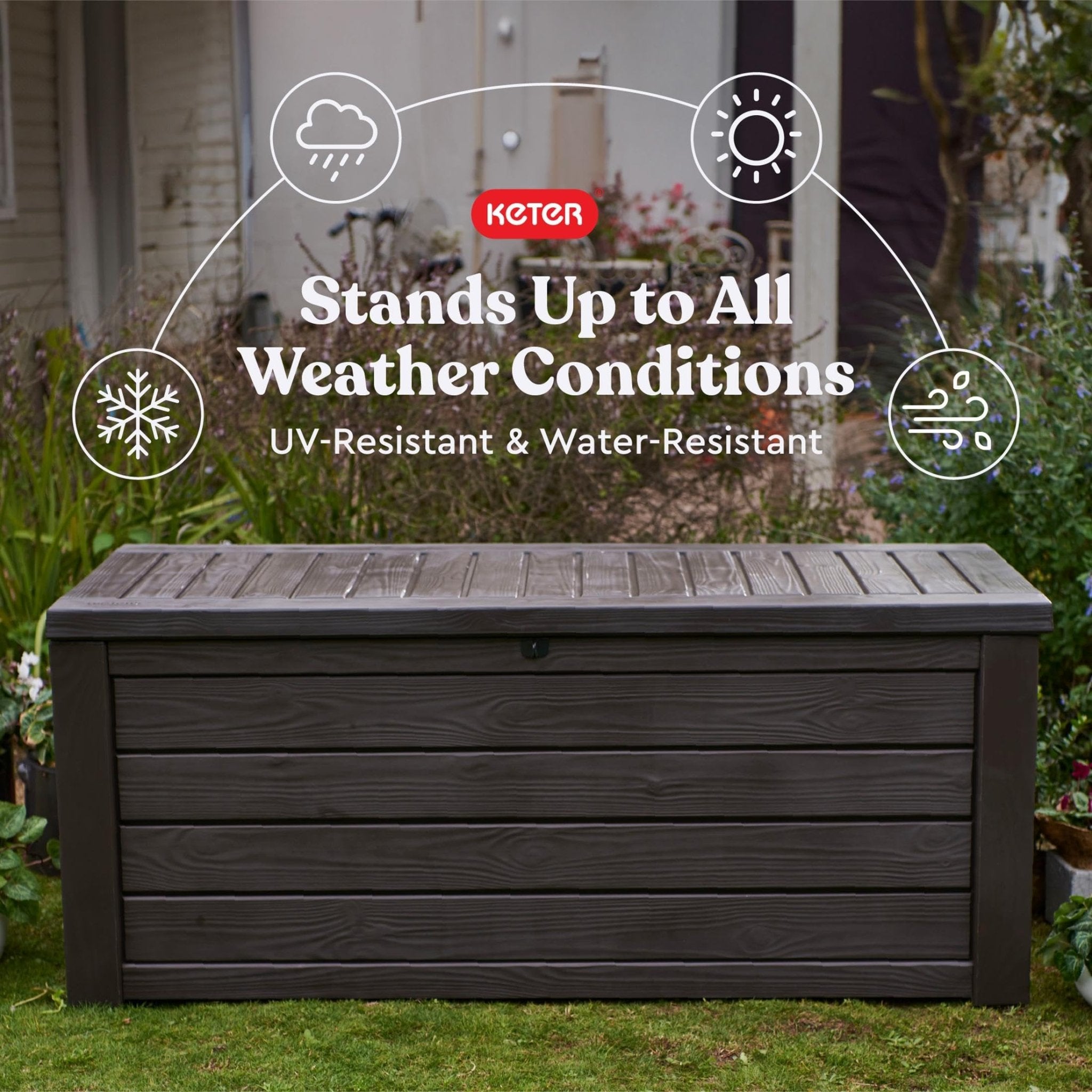 Keter Westwood 150 Gallon Deck Box Organizer, Doubles as 2 - Person Bench Seat, Brown – Large Resin Outdoor Storage and Seating with Lockable Lid for Garden, Pool, and Patio - Outdoor Boys outdoorboys