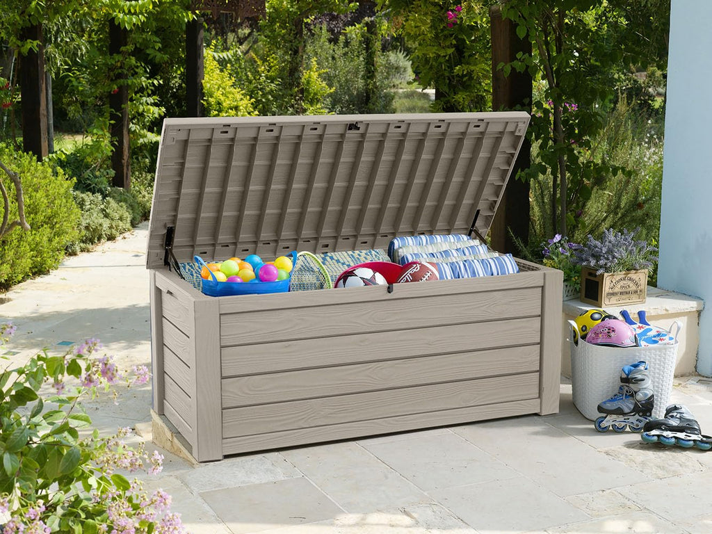 Keter Westwood 150 Gallon Deck Box Organizer, Doubles as 2 - Person Bench Seat, Brown – Large Resin Outdoor Storage and Seating with Lockable Lid for Garden, Pool, and Patio - Outdoor Boys outdoorboys