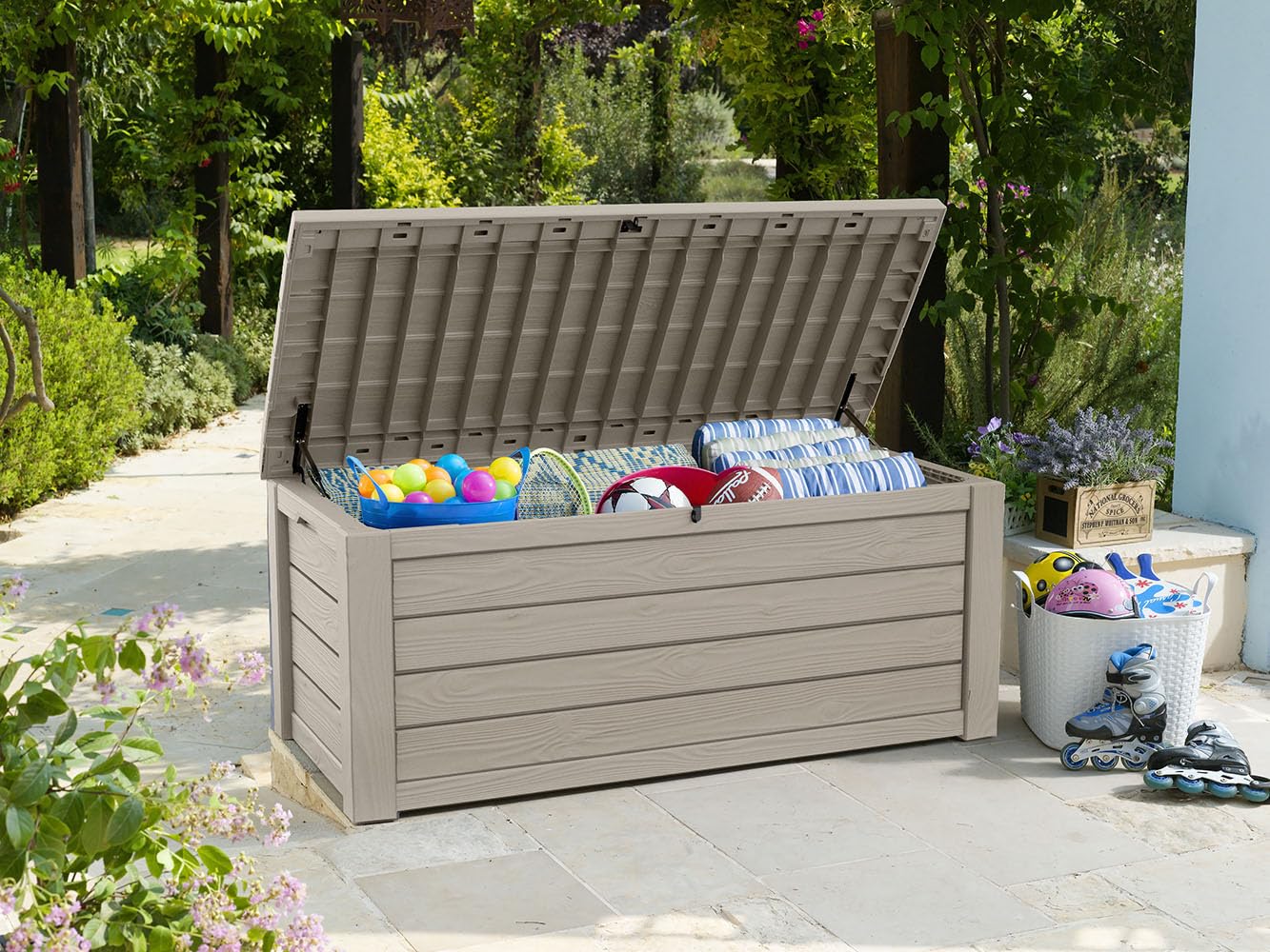 Keter Westwood 150 Gallon Deck Box Organizer, Doubles as 2 - Person Bench Seat, Brown – Large Resin Outdoor Storage and Seating with Lockable Lid for Garden, Pool, and Patio - Outdoor Boys outdoorboys