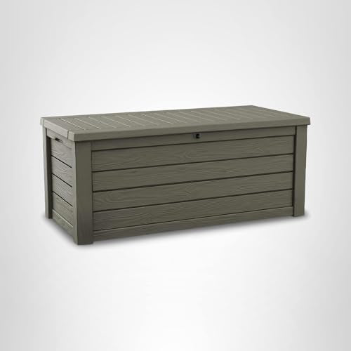 Keter Westwood 150 Gallon Deck Box Organizer, Doubles as 2 - Person Bench Seat, Brown – Large Resin Outdoor Storage and Seating with Lockable Lid for Garden, Pool, and Patio - Outdoor Boys outdoorboys