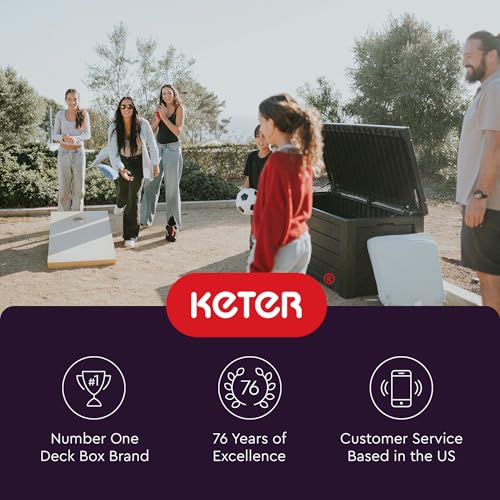 Keter Westwood 150 Gallon Deck Box Organizer, Doubles as 2 - Person Bench Seat, Brown – Large Resin Outdoor Storage and Seating with Lockable Lid for Garden, Pool, and Patio - Outdoor Boys outdoorboys