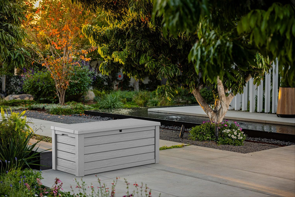 Keter Westwood 150 Gallon Deck Box Organizer, Doubles as 2 - Person Bench Seat, Brown – Large Resin Outdoor Storage and Seating with Lockable Lid for Garden, Pool, and Patio - Outdoor Boys outdoorboys