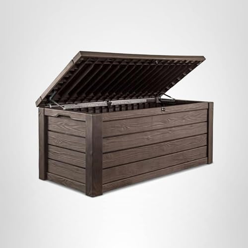 Keter Westwood 150 Gallon Deck Box Organizer, Doubles as 2 - Person Bench Seat, Brown – Large Resin Outdoor Storage and Seating with Lockable Lid for Garden, Pool, and Patio - Outdoor Boys outdoorboys