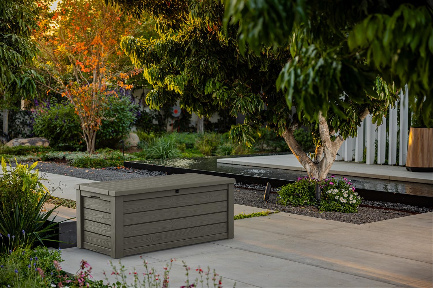 Keter Westwood 150 Gallon Deck Box Organizer, Doubles as 2 - Person Bench Seat, Brown – Large Resin Outdoor Storage and Seating with Lockable Lid for Garden, Pool, and Patio - Outdoor Boys outdoorboys