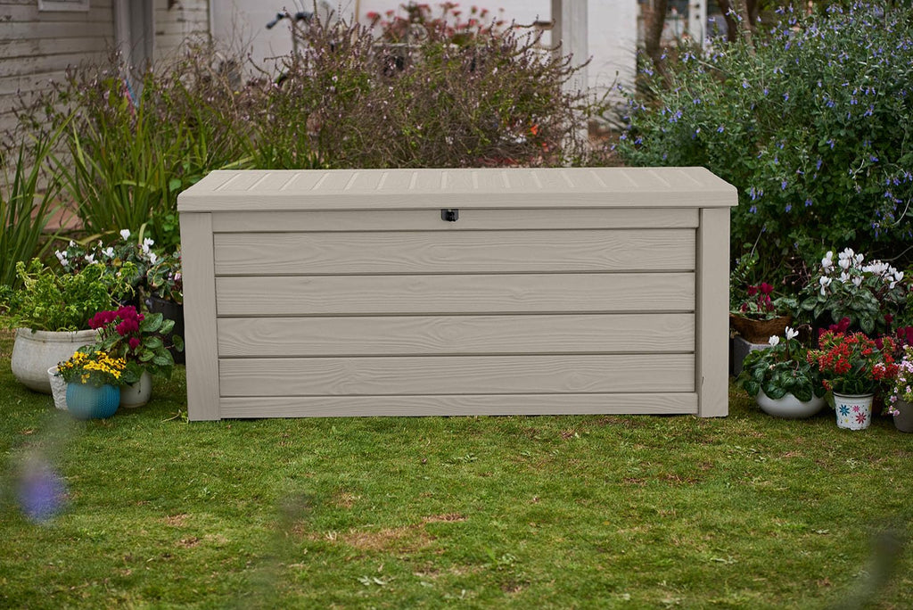 Keter Westwood 150 Gallon Deck Box Organizer, Doubles as 2 - Person Bench Seat, Brown – Large Resin Outdoor Storage and Seating with Lockable Lid for Garden, Pool, and Patio - Outdoor Boys outdoorboys
