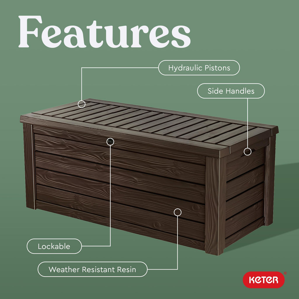 Keter Westwood 150 Gallon Deck Box Organizer, Doubles as 2 - Person Bench Seat, Brown – Large Resin Outdoor Storage and Seating with Lockable Lid for Garden, Pool, and Patio - Outdoor Boys outdoorboys