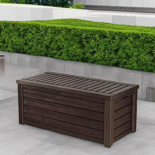 Keter Westwood 150 Gallon Deck Box Organizer, Doubles as 2 - Person Bench Seat, Brown – Large Resin Outdoor Storage and Seating with Lockable Lid for Garden, Pool, and Patio - Outdoor Boys outdoorboys