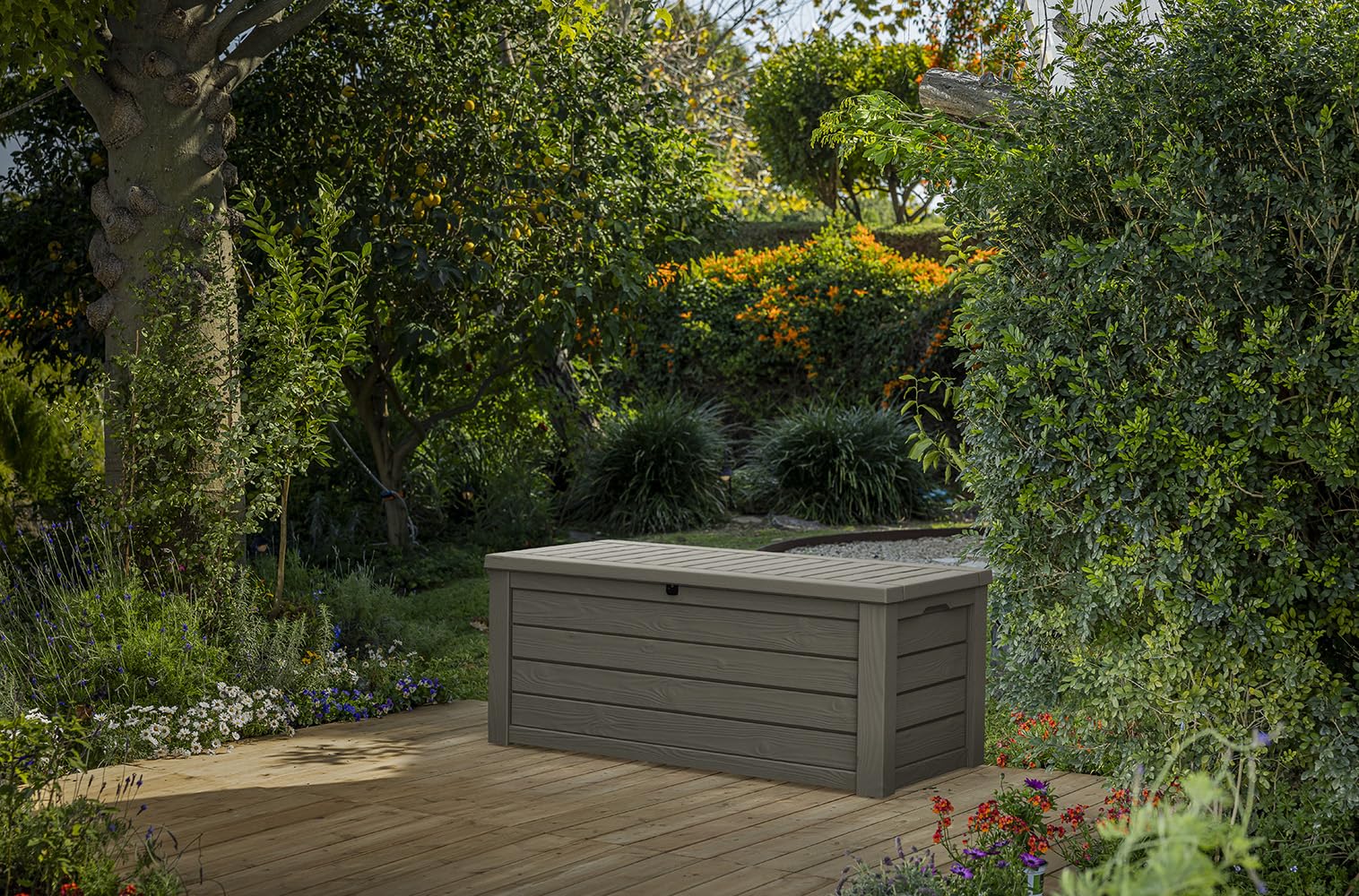 Keter Westwood 150 Gallon Deck Box Organizer, Doubles as 2 - Person Bench Seat, Brown – Large Resin Outdoor Storage and Seating with Lockable Lid for Garden, Pool, and Patio - Outdoor Boys outdoorboys