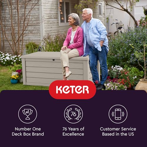 Keter Westwood 150 Gallon Deck Box Organizer, Doubles as 2 - Person Bench Seat, Brown – Large Resin Outdoor Storage and Seating with Lockable Lid for Garden, Pool, and Patio - Outdoor Boys outdoorboys