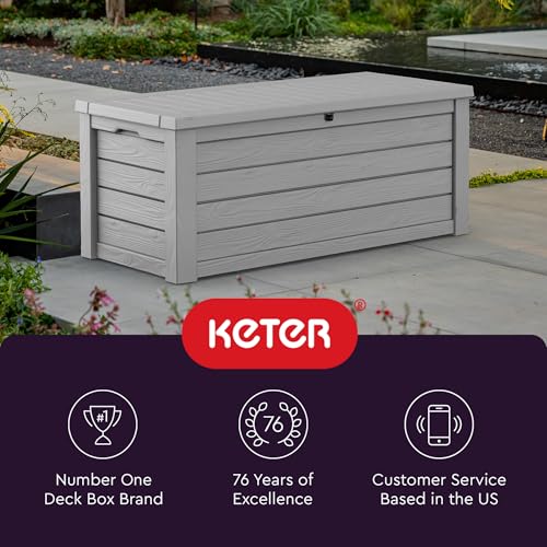Keter Westwood 150 Gallon Deck Box Organizer, Doubles as 2 - Person Bench Seat, Brown – Large Resin Outdoor Storage and Seating with Lockable Lid for Garden, Pool, and Patio - Outdoor Boys outdoorboys