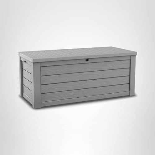 Keter Westwood 150 Gallon Deck Box Organizer, Doubles as 2 - Person Bench Seat, Brown – Large Resin Outdoor Storage and Seating with Lockable Lid for Garden, Pool, and Patio - Outdoor Boys outdoorboys