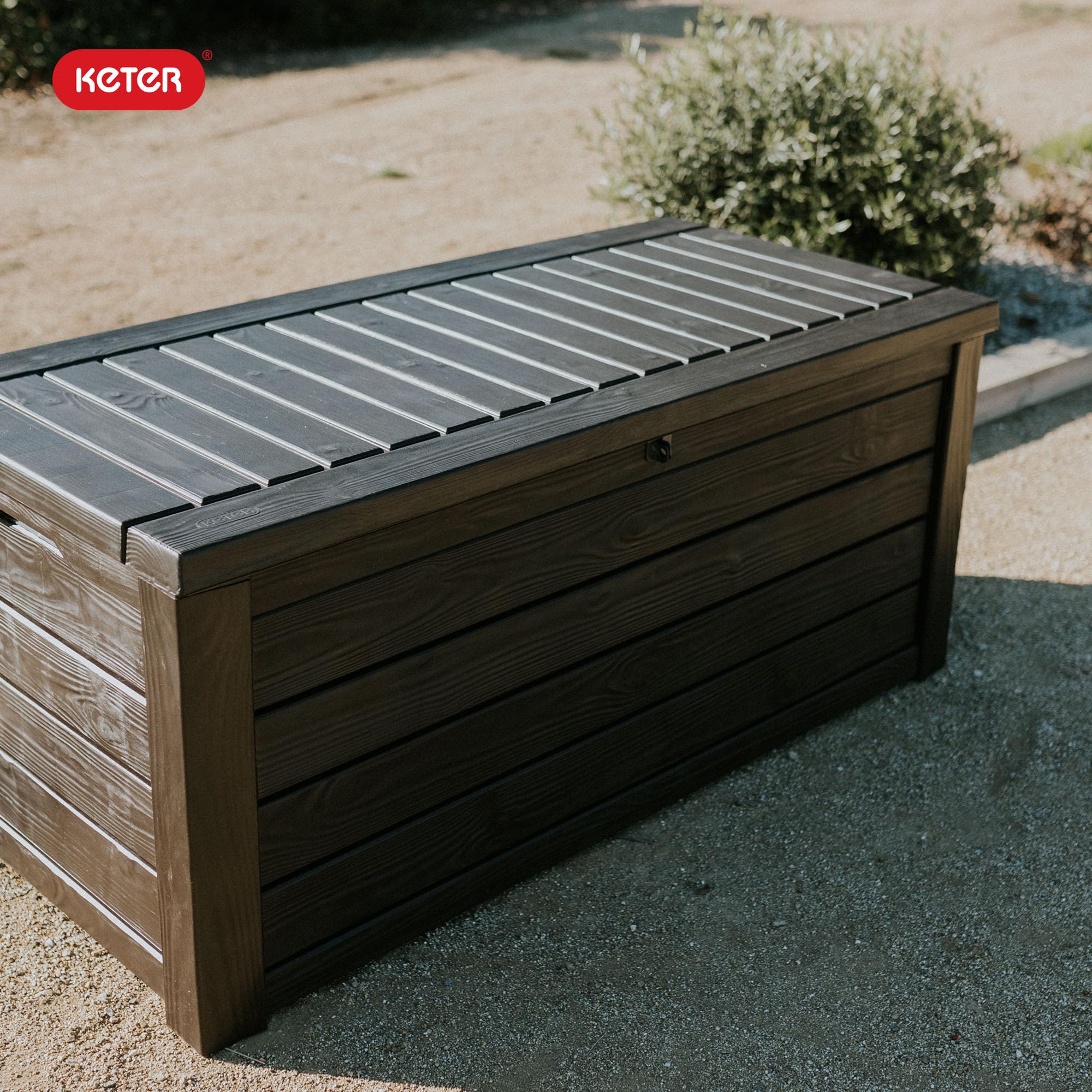 Keter Westwood 150 Gallon Deck Box Organizer, Doubles as 2 - Person Bench Seat, Brown – Large Resin Outdoor Storage and Seating with Lockable Lid for Garden, Pool, and Patio - Outdoor Boys outdoorboys