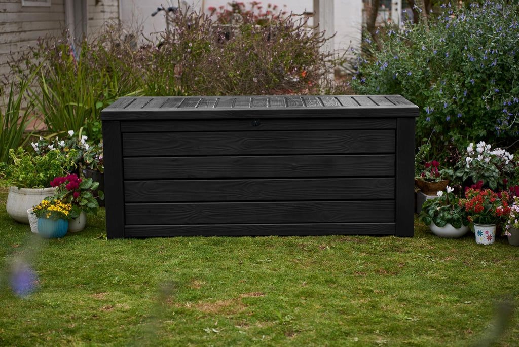 Keter Westwood 150 Gallon Deck Box Organizer, Doubles as 2 - Person Bench Seat, Brown – Large Resin Outdoor Storage and Seating with Lockable Lid for Garden, Pool, and Patio - Outdoor Boys outdoorboys