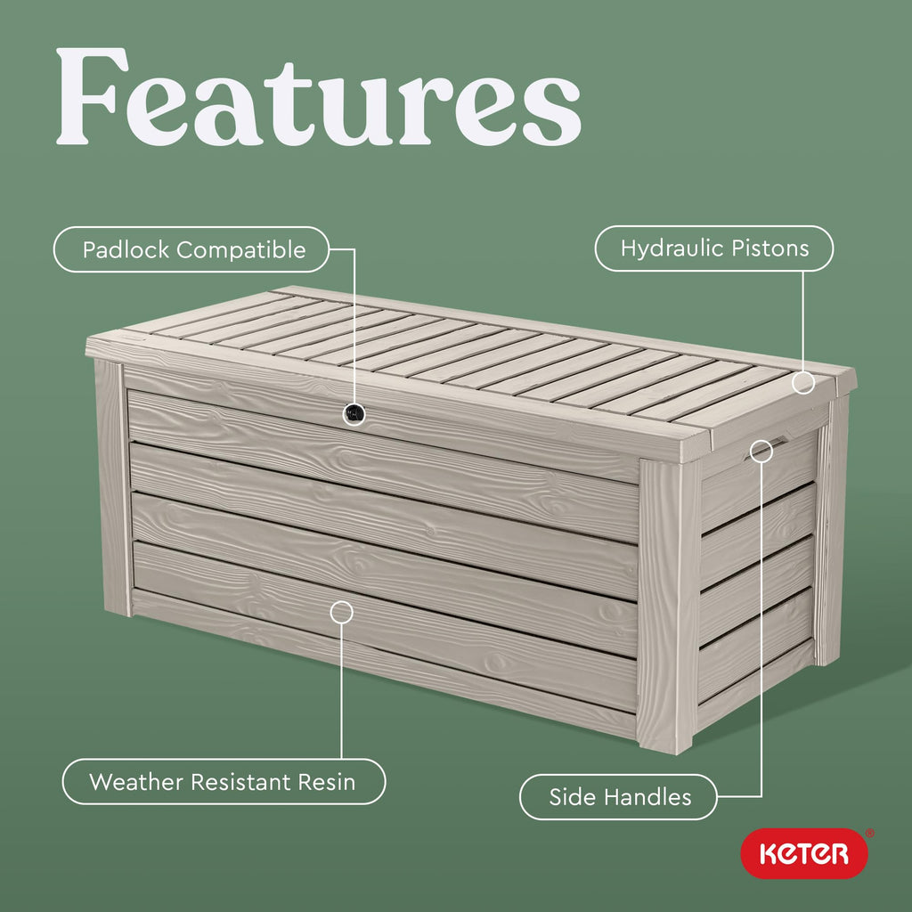 Keter Westwood 150 Gallon Deck Box Organizer, Doubles as 2 - Person Bench Seat, Brown – Large Resin Outdoor Storage and Seating with Lockable Lid for Garden, Pool, and Patio - Outdoor Boys outdoorboys