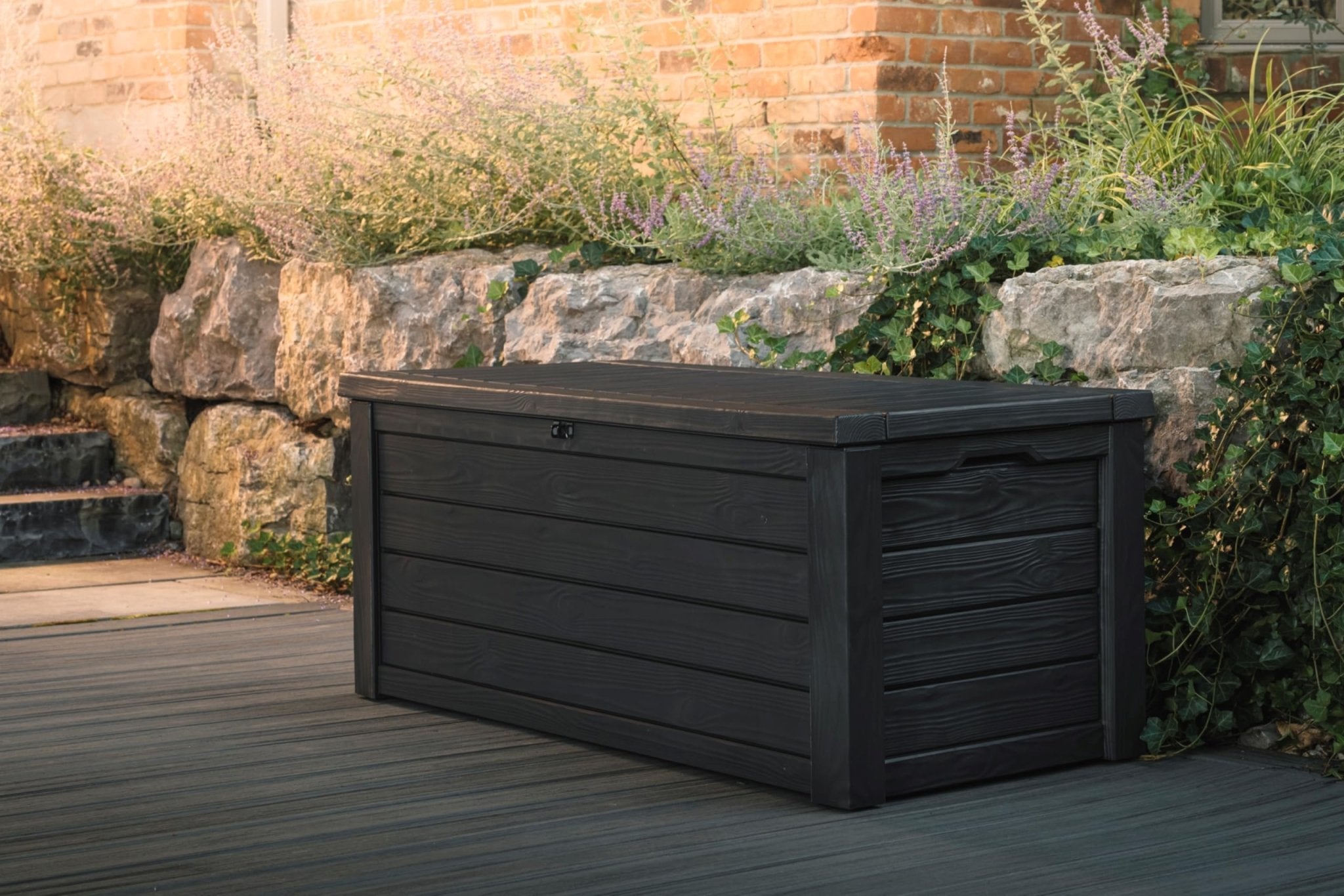Keter Westwood 150 Gallon Deck Box Organizer, Doubles as 2 - Person Bench Seat, Brown – Large Resin Outdoor Storage and Seating with Lockable Lid for Garden, Pool, and Patio - Outdoor Boys outdoorboys