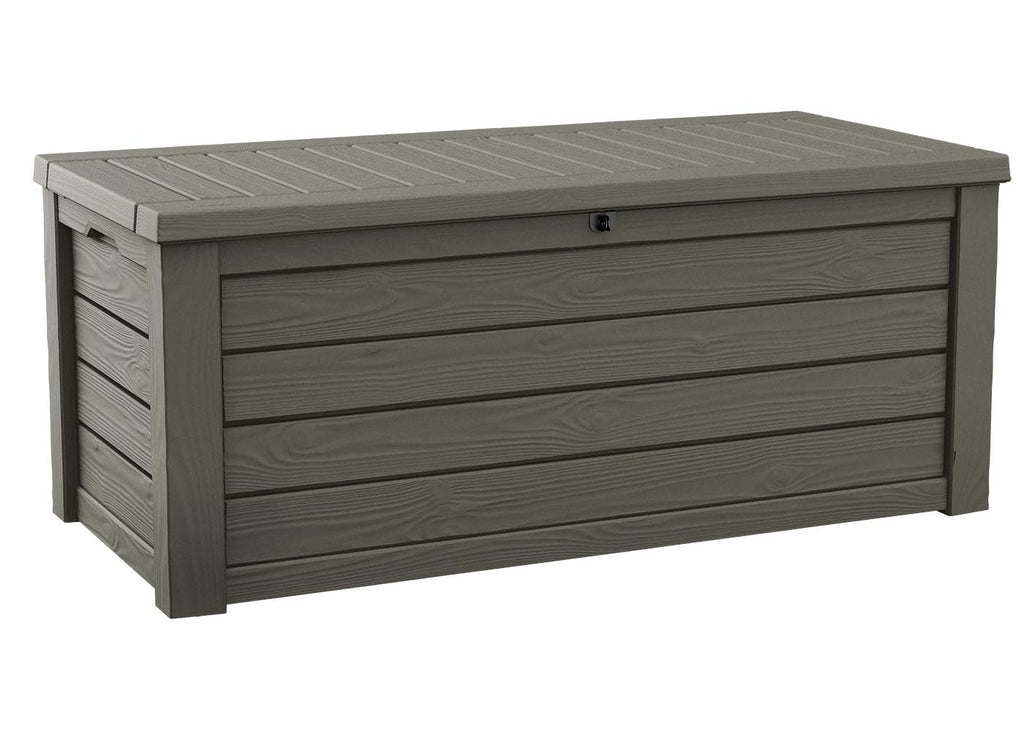 Keter Westwood 150 Gallon Deck Box Organizer, Doubles as 2 - Person Bench Seat, Brown – Large Resin Outdoor Storage and Seating with Lockable Lid for Garden, Pool, and Patio - Outdoor Boys outdoorboys