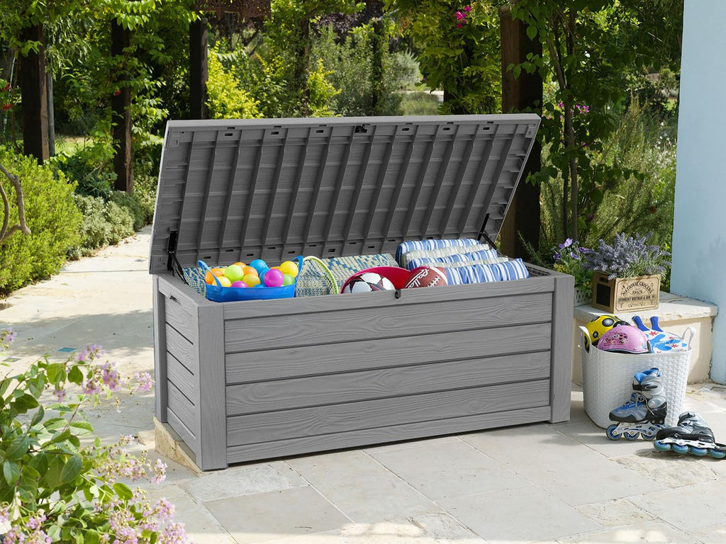 Keter Westwood 150 Gallon Deck Box Organizer, Doubles as 2 - Person Bench Seat, Brown – Large Resin Outdoor Storage and Seating with Lockable Lid for Garden, Pool, and Patio - Outdoor Boys outdoorboys