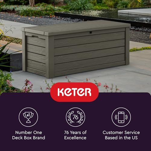 Keter Westwood 150 Gallon Deck Box Organizer, Doubles as 2 - Person Bench Seat, Brown – Large Resin Outdoor Storage and Seating with Lockable Lid for Garden, Pool, and Patio - Outdoor Boys outdoorboys