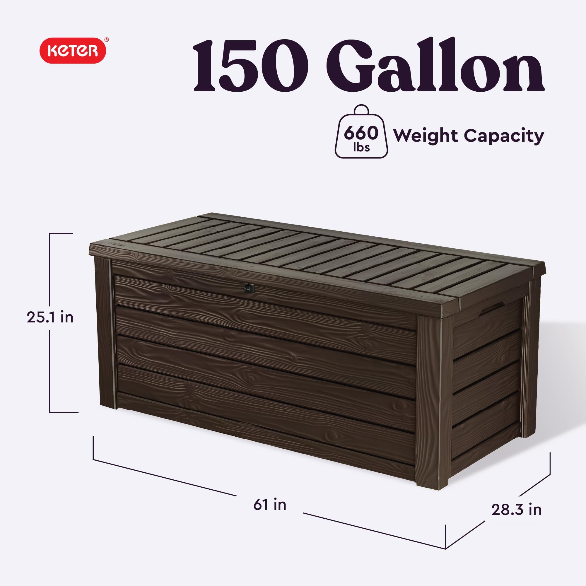 Keter Westwood 150 Gallon Deck Box Organizer, Doubles as 2 - Person Bench Seat, Brown – Large Resin Outdoor Storage and Seating with Lockable Lid for Garden, Pool, and Patio - Outdoor Boys outdoorboys