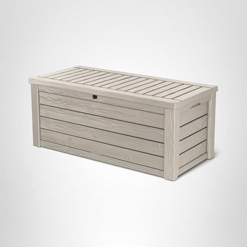 Keter Westwood 150 Gallon Deck Box Organizer, Doubles as 2 - Person Bench Seat, Brown – Large Resin Outdoor Storage and Seating with Lockable Lid for Garden, Pool, and Patio - Outdoor Boys outdoorboys