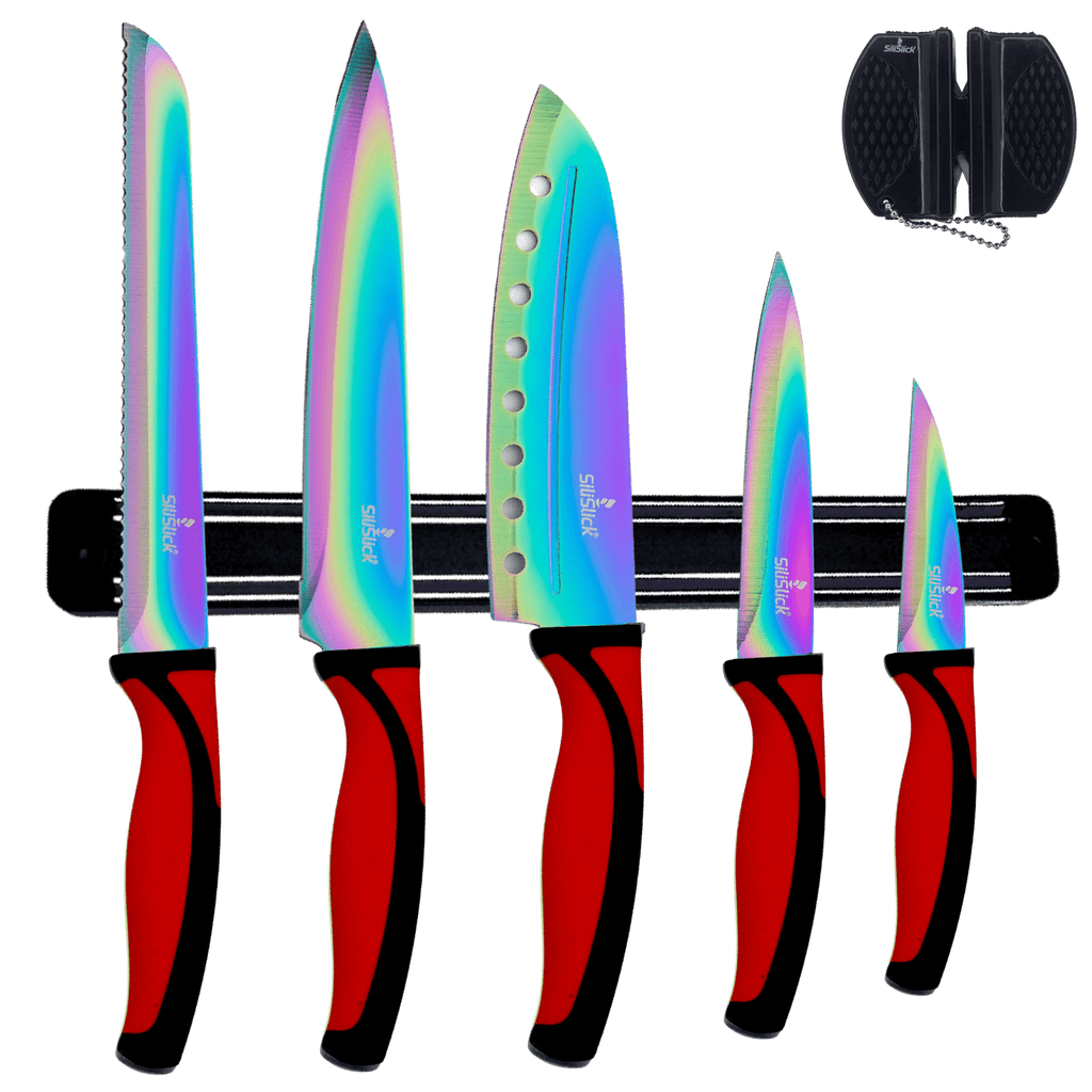 Kitchen Knife Set Kit | Red Handle & Black Magnetic Rack - Outdoor Boys outdoorboys