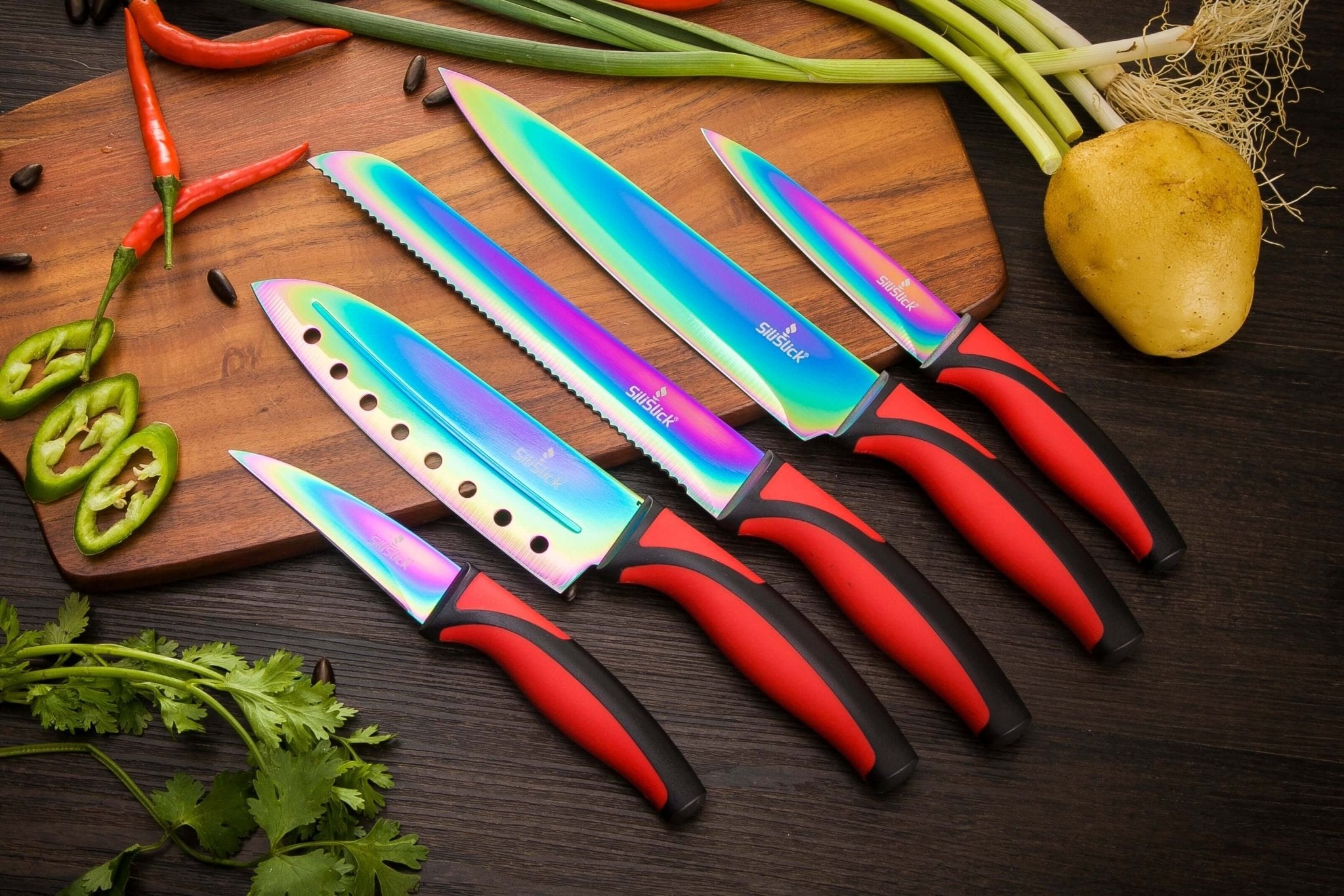Kitchen Knife Set Kit | Red Handle & Black Magnetic Rack - Outdoor Boys outdoorboys