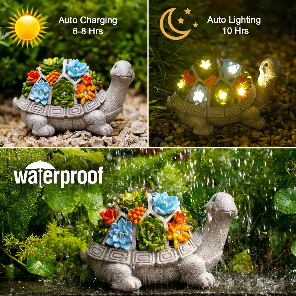 Nacome Solar Garden Outdoor Statues Turtle with Succulent and 7 LED Lights - Lawn Decor Tortoise Statue for Patio, Balcony, Yard Ornament - Chrismtas Gifts for Mom Grandma - Outdoor Boys outdoorboys