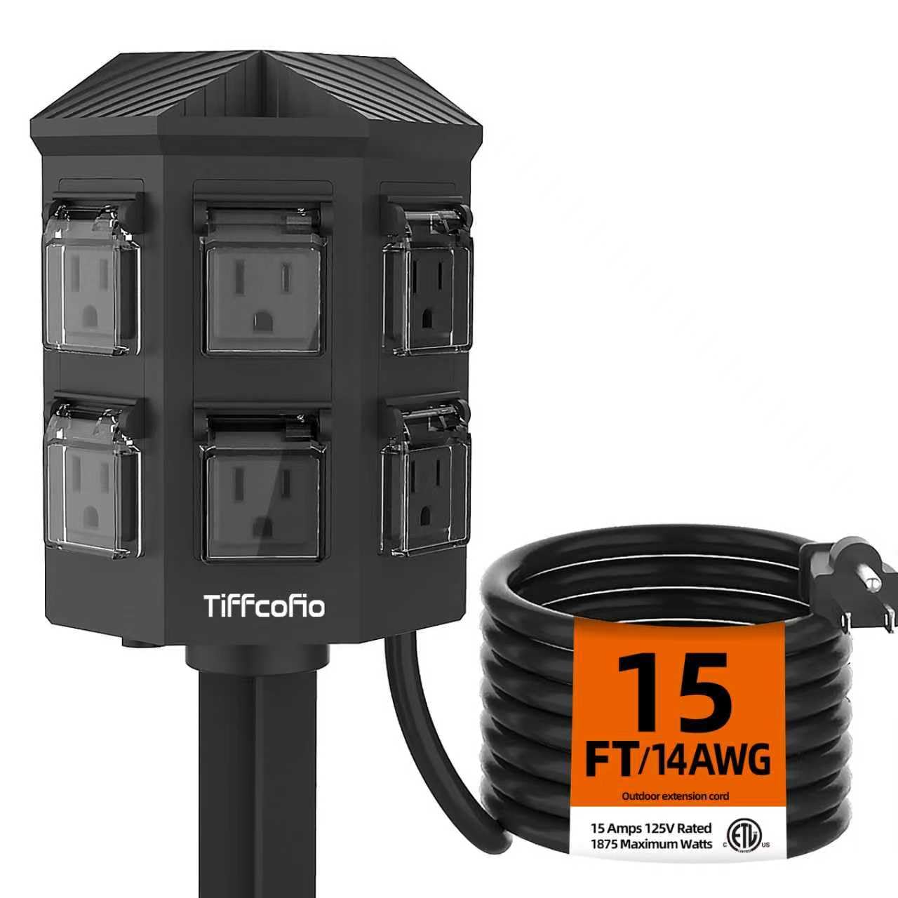 TiFFCOFiO Outdoor Power Strip Weatherproof, 25 FT Extension Cord with Stake, 6 Grounded Outlets for Christmas Yard Decorations and Inflatables, 15A/1875W, ETL Listed - Outdoor Boys outdoorboys