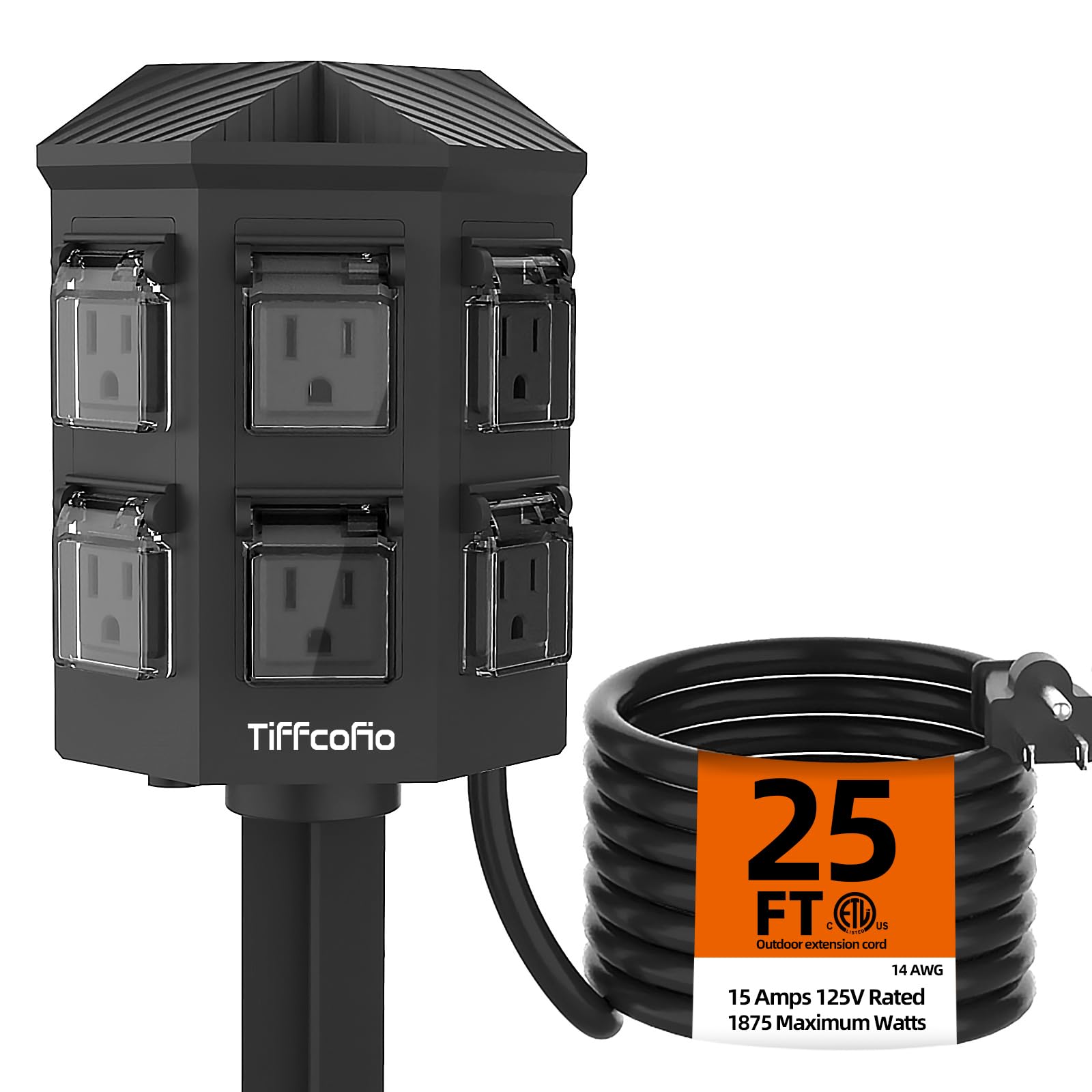 TiFFCOFiO Outdoor Power Strip Weatherproof, 25 FT Extension Cord with Stake, 6 Grounded Outlets for Christmas Yard Decorations and Inflatables, 15A/1875W, ETL Listed - Outdoor Boys outdoorboys