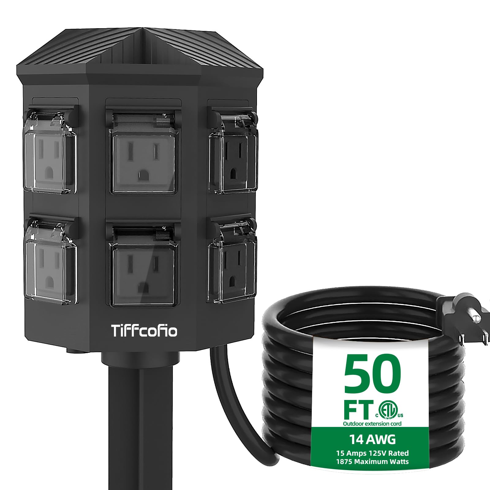 TiFFCOFiO Outdoor Power Strip Weatherproof, 25 FT Extension Cord with Stake, 6 Grounded Outlets for Christmas Yard Decorations and Inflatables, 15A/1875W, ETL Listed - Outdoor Boys outdoorboys