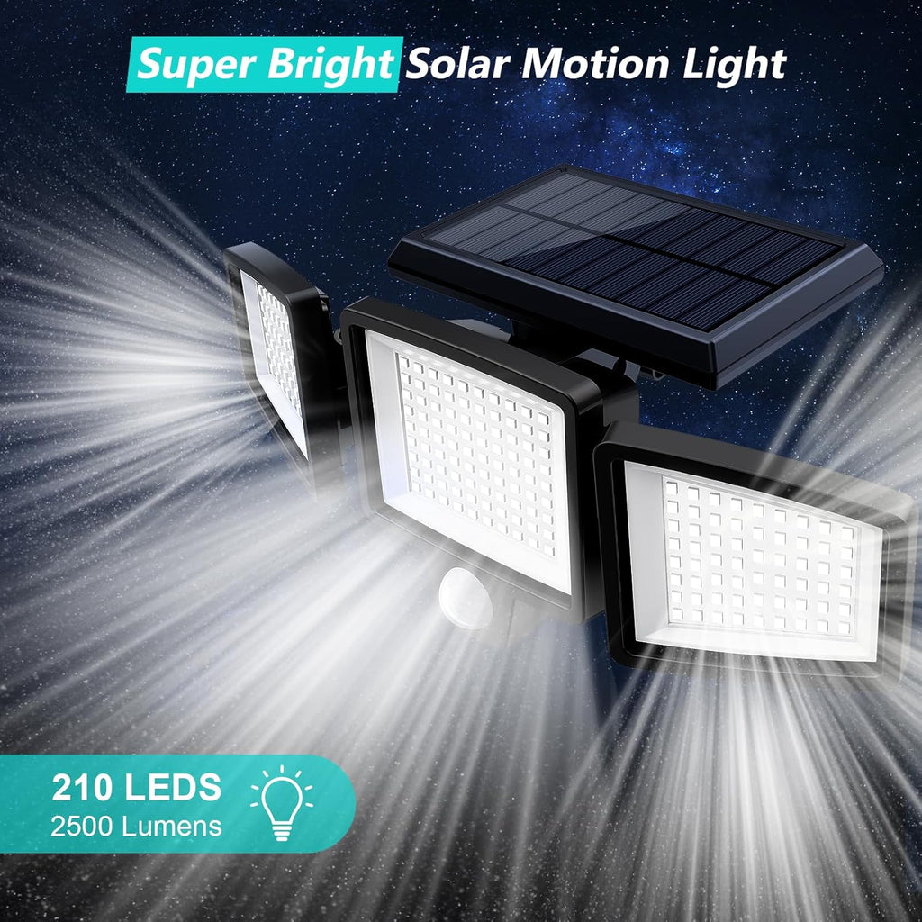Tuffenough Solar Outdoor Lights 2500LM 210 LED Security Lights with Remote Control,3 Heads Motion Sensor Lights, IP65 Waterproof,270° Wide Angle Flood Wall Lights with 3 Modes(2 Packs) - Outdoor Boys outdoorboys