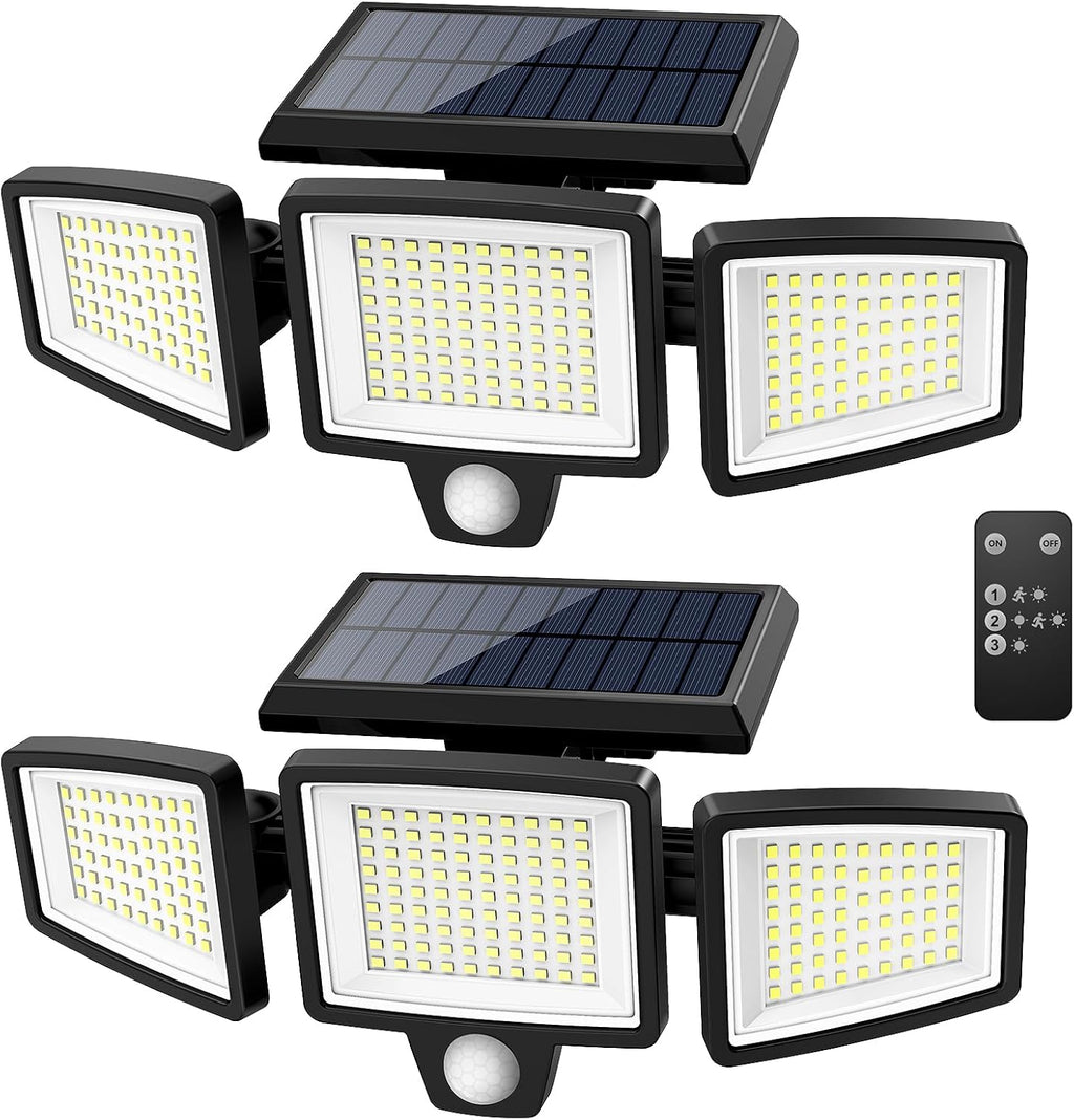 Tuffenough Solar Outdoor Lights 2500LM 210 LED Security Lights with Remote Control,3 Heads Motion Sensor Lights, IP65 Waterproof,270° Wide Angle Flood Wall Lights with 3 Modes(2 Packs) - Outdoor Boys outdoorboys
