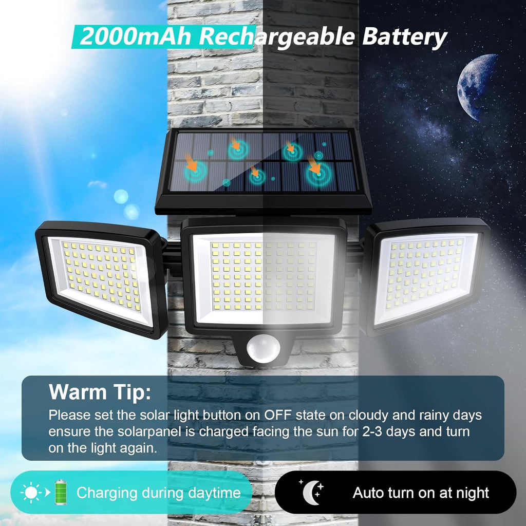 Tuffenough Solar Outdoor Lights 2500LM 210 LED Security Lights with Remote Control,3 Heads Motion Sensor Lights, IP65 Waterproof,270° Wide Angle Flood Wall Lights with 3 Modes(2 Packs) - Outdoor Boys outdoorboys