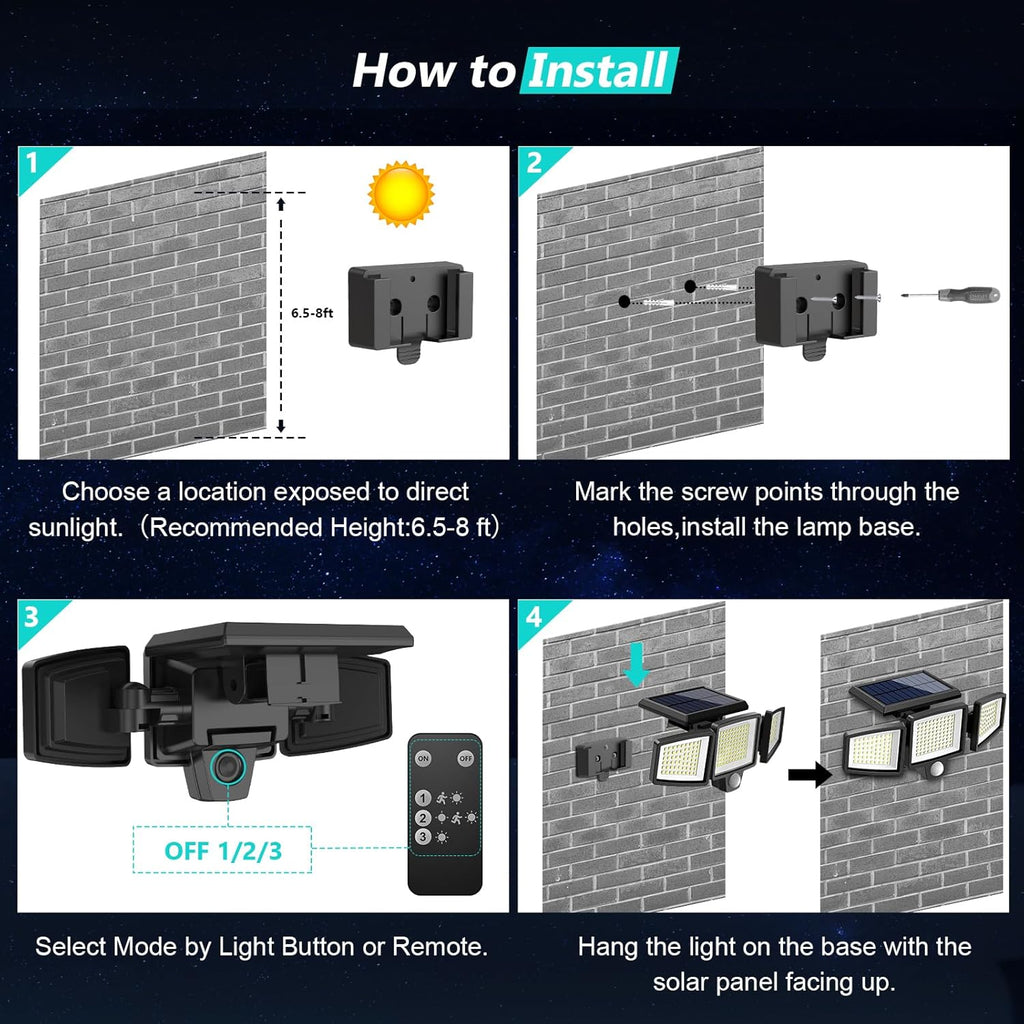 Tuffenough Solar Outdoor Lights 2500LM 210 LED Security Lights with Remote Control,3 Heads Motion Sensor Lights, IP65 Waterproof,270° Wide Angle Flood Wall Lights with 3 Modes(2 Packs) - Outdoor Boys outdoorboys